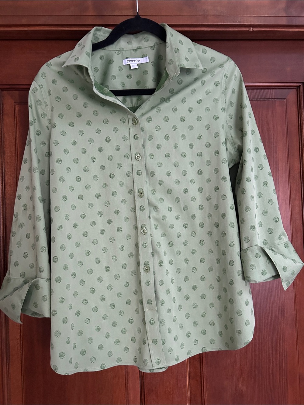 Chico's Light Sage Green Button-Down Shirt with Dot Print
